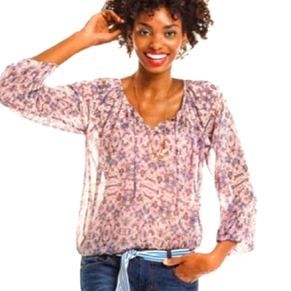 Cabi Top Sienna Floral Boho Peasant Blouse Tie Neck size Small Blush Pink